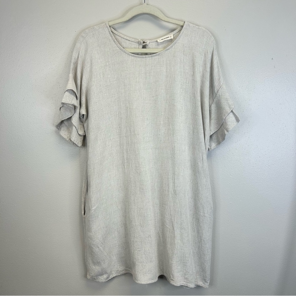 100% Linen Dress Size M Ruffle Sleeves Pockets Minimalist Lagenlook Neutral Boho